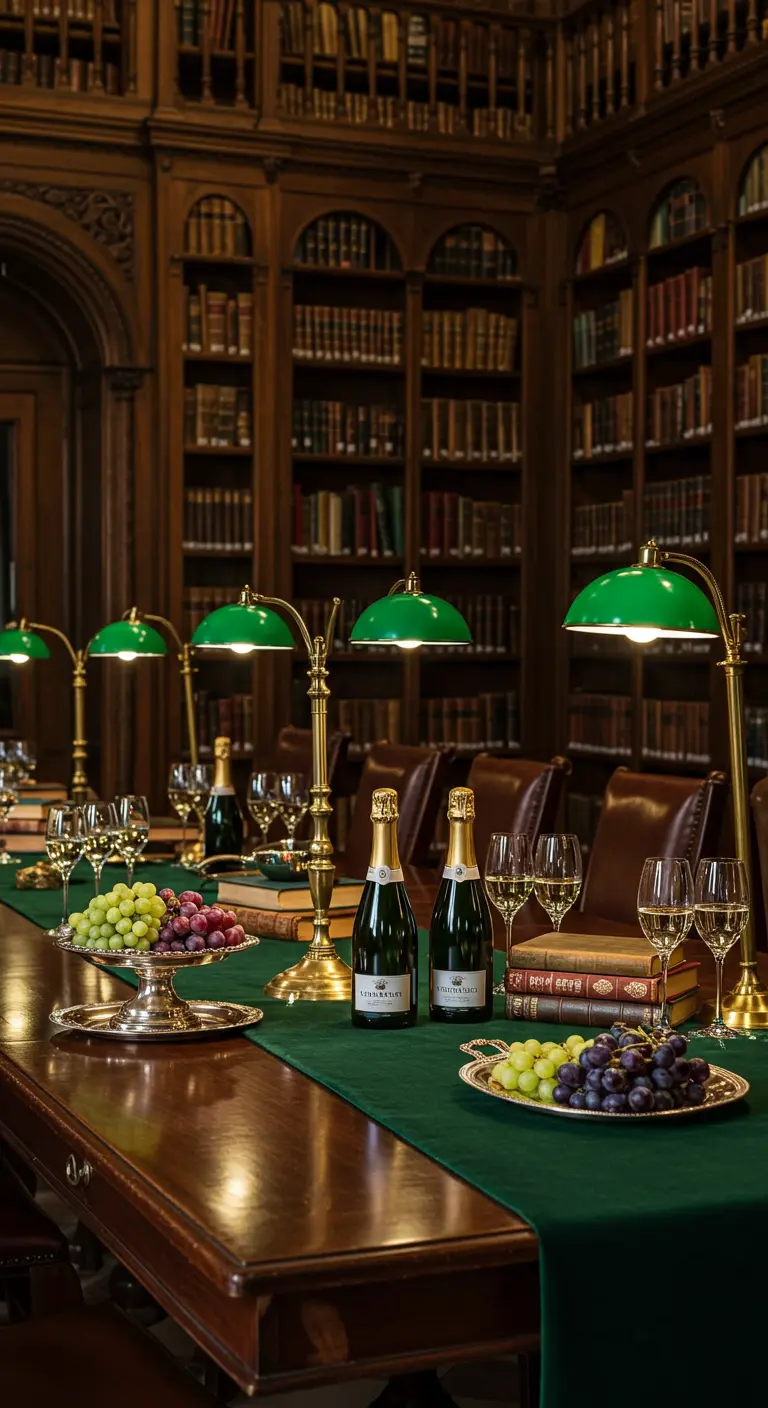 Larga mesa de madera en una biblioteca con lámparas de banquero verdes, libros, uvas y cava.