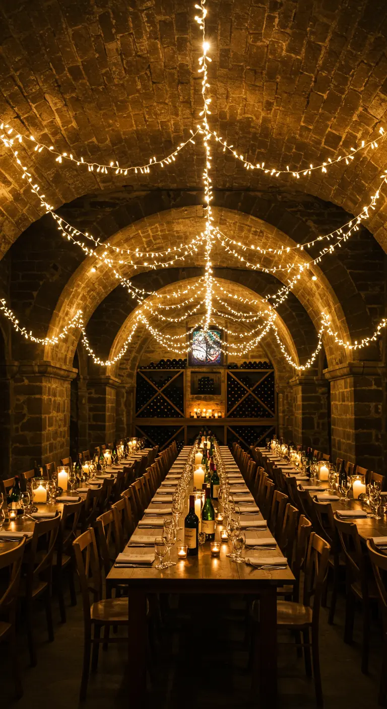 Larga mesa de banquete en una bodega de piedra con techos abovedados y luces de hadas.