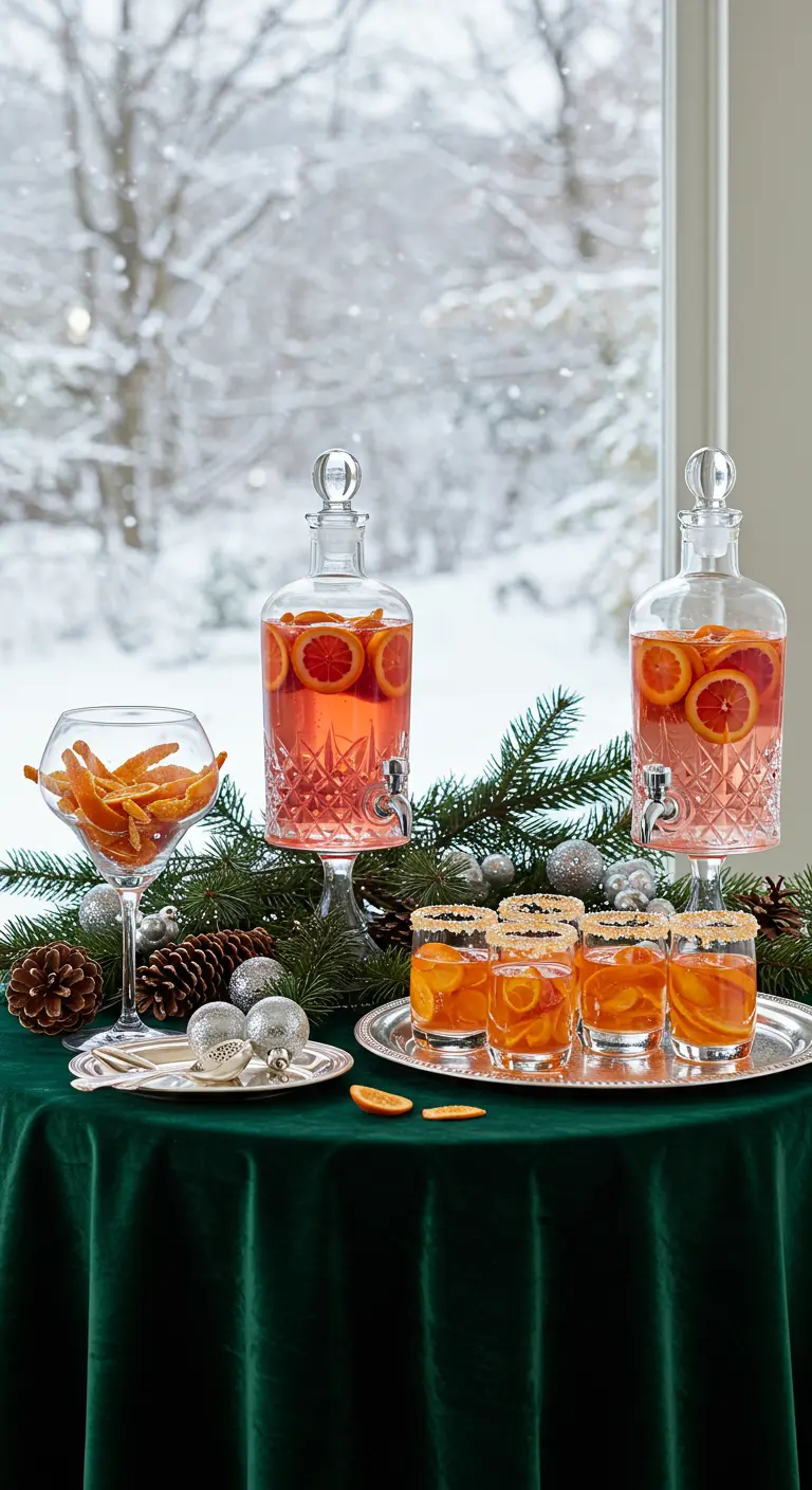 Elegante mesa de bebidas de invierno con decantadores de cristal y copas con borde de azúcar.