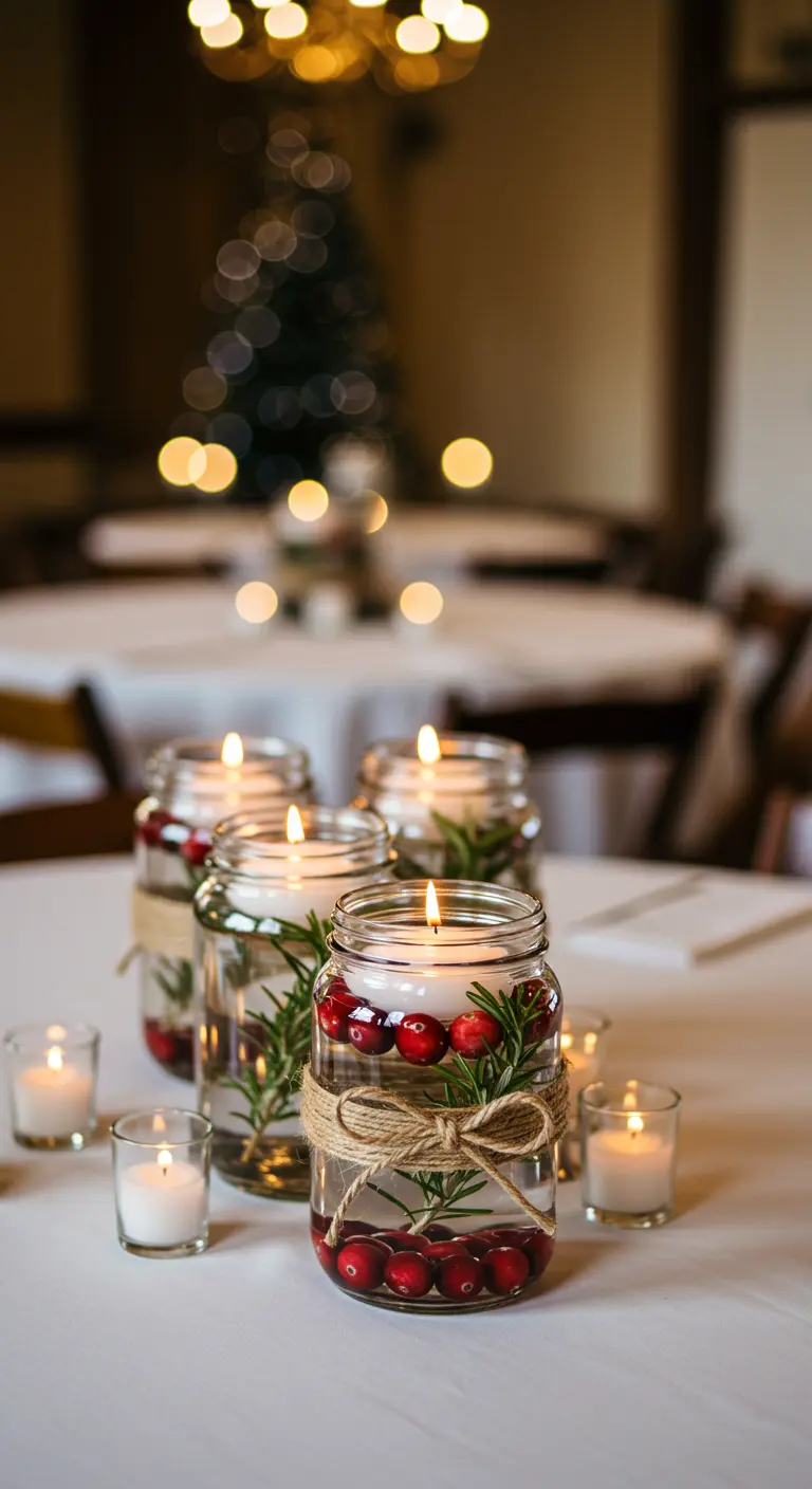 Centros de mesa navideños con arándanos, romero y velas flotantes en tarros de cristal.