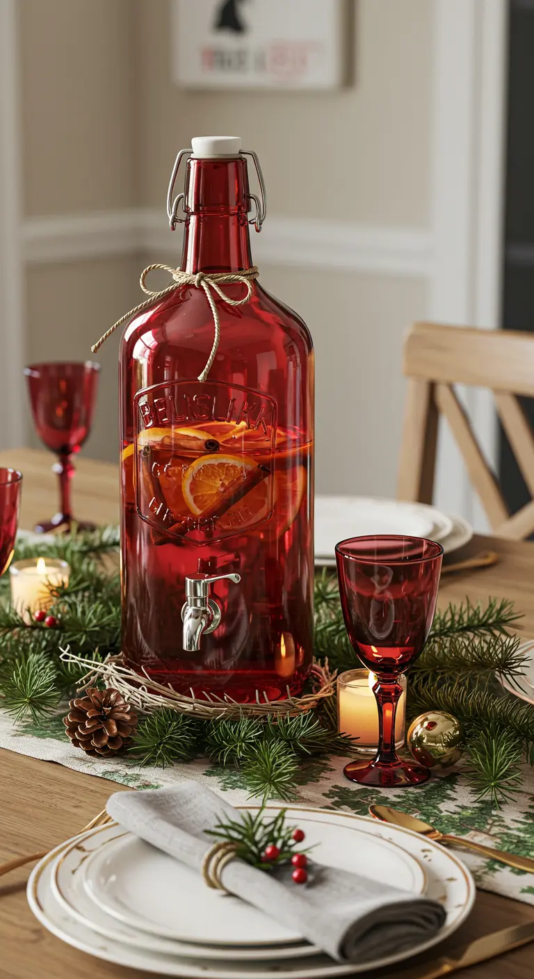 Dispensador de agua en botella de vidrio roja con lazo, lleno de una bebida con naranja y canela.