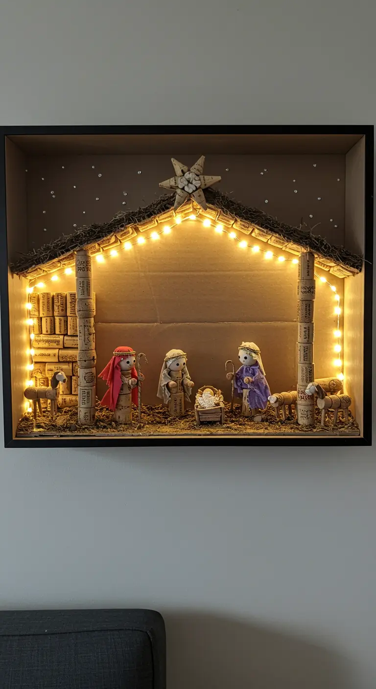Belen hecho con corchos de vino dentro de un marco negro, iluminado con luces de hadas.