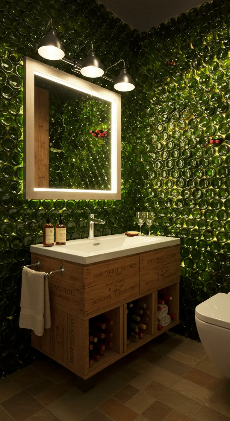 Baño original con una pared retroiluminada hecha de bases de botellas de vino verdes.