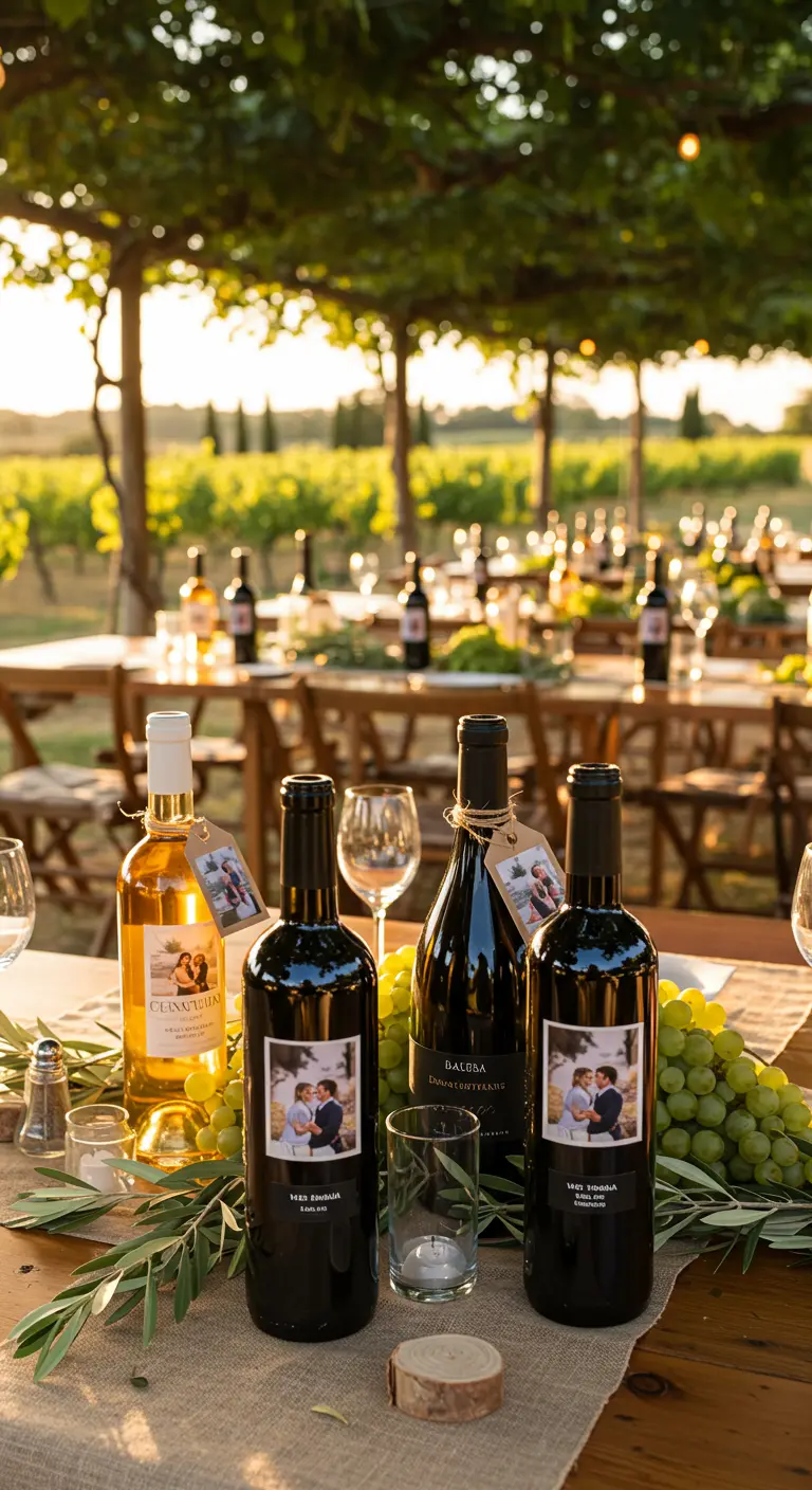 Botellas de vino con etiquetas personalizadas con fotos de la pareja en una mesa de viñedo.