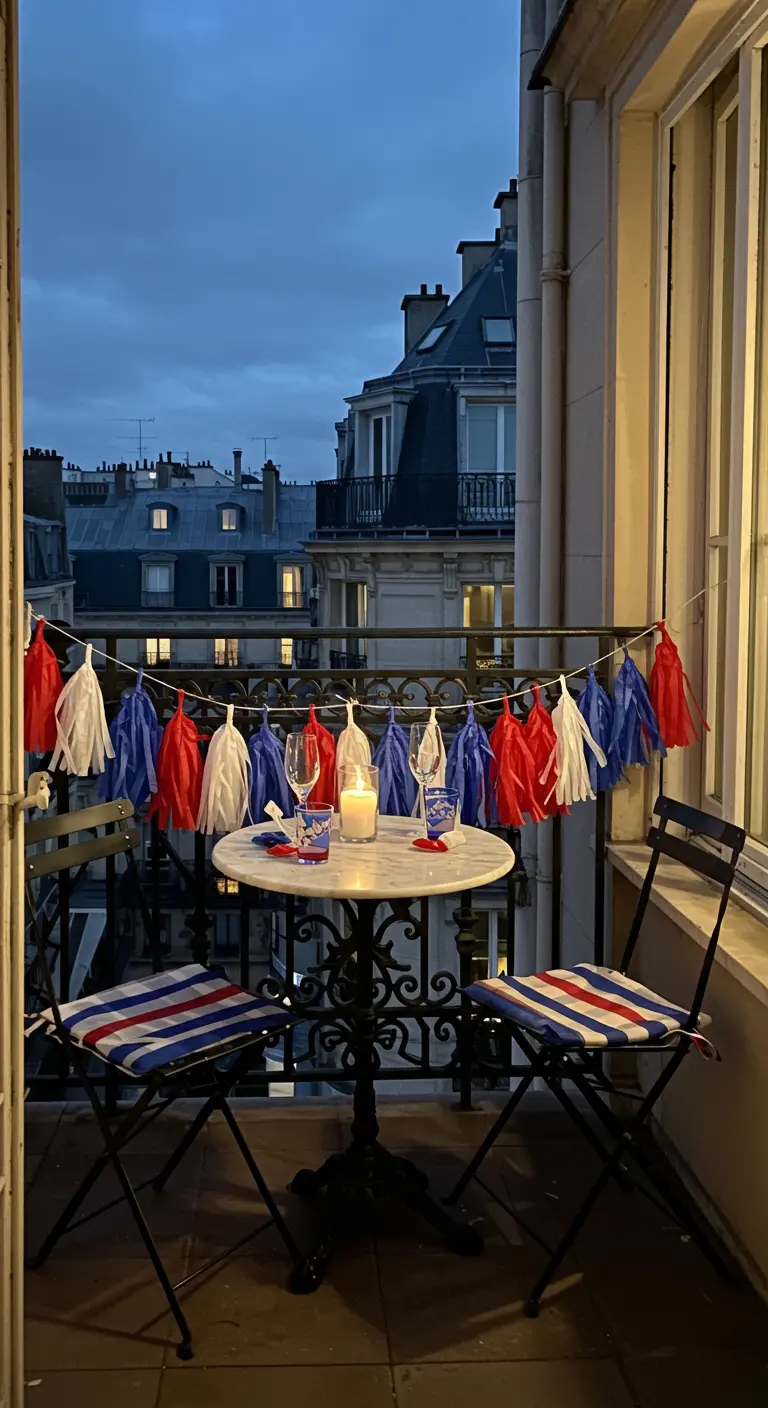 Balcón parisino íntimo con una guirnalda de borlas de papel rojas, blancas y azules.