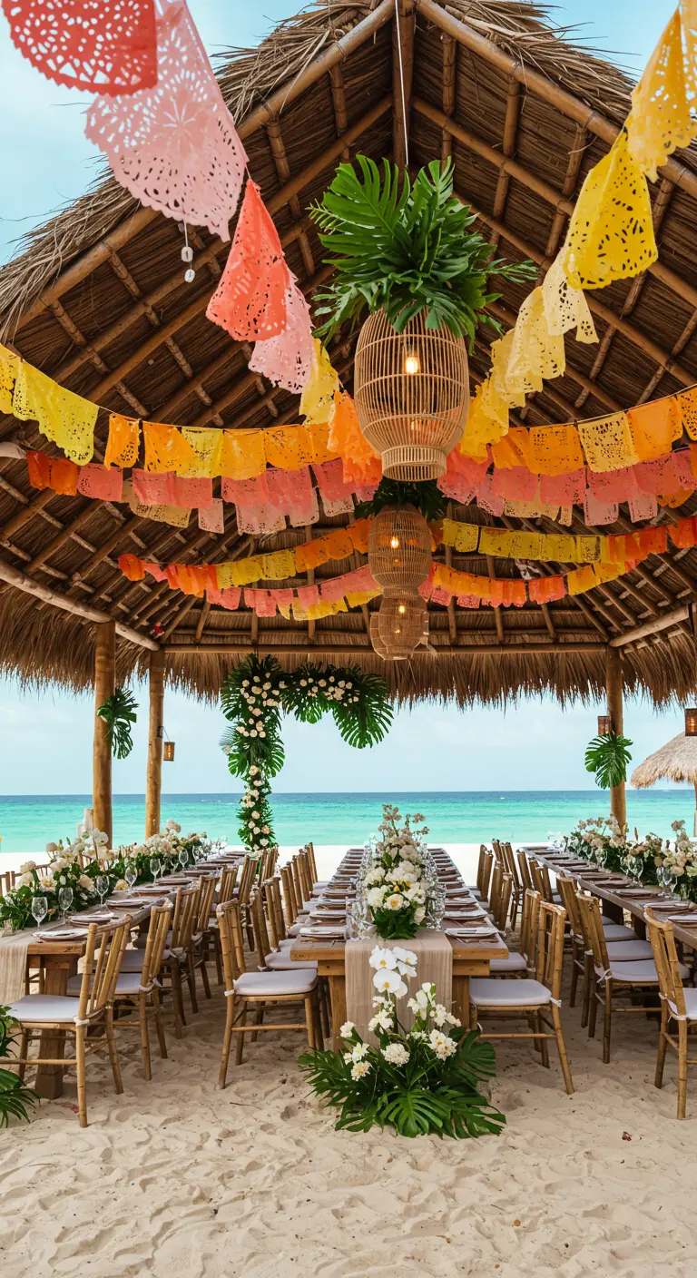Boda en la playa bajo una palapa con papel picado en tonos cálidos y lámparas de ratán.