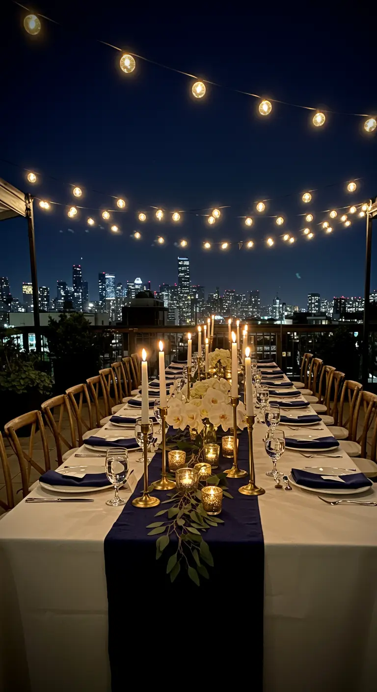 Larga mesa de cumpleaños en una azotea con candelabros dorados y vistas a la ciudad de noche.