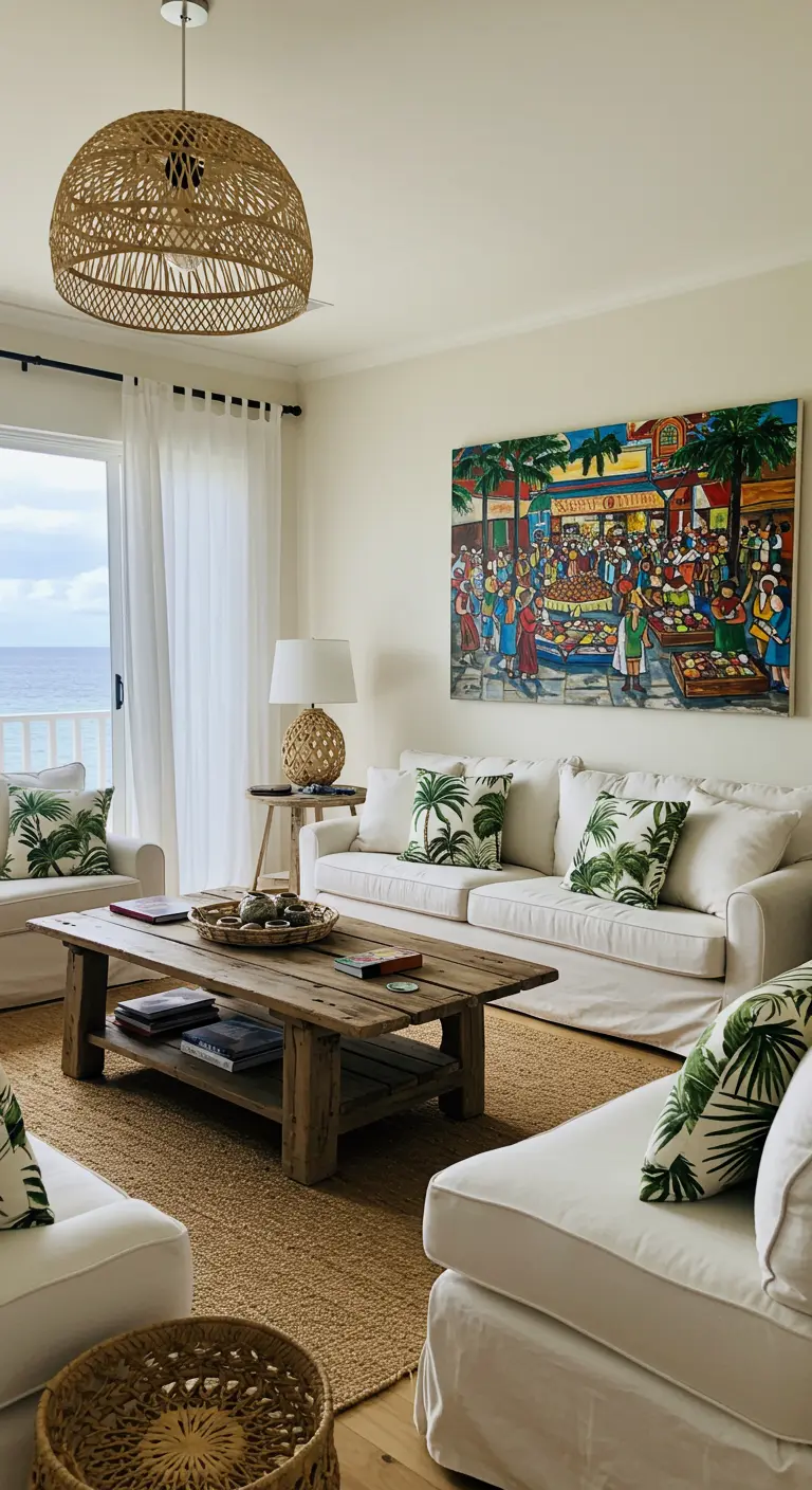 Sala de estar de estilo costero con sofás blancos, cojines de palmeras y un cuadro de un mercado caribeño.
