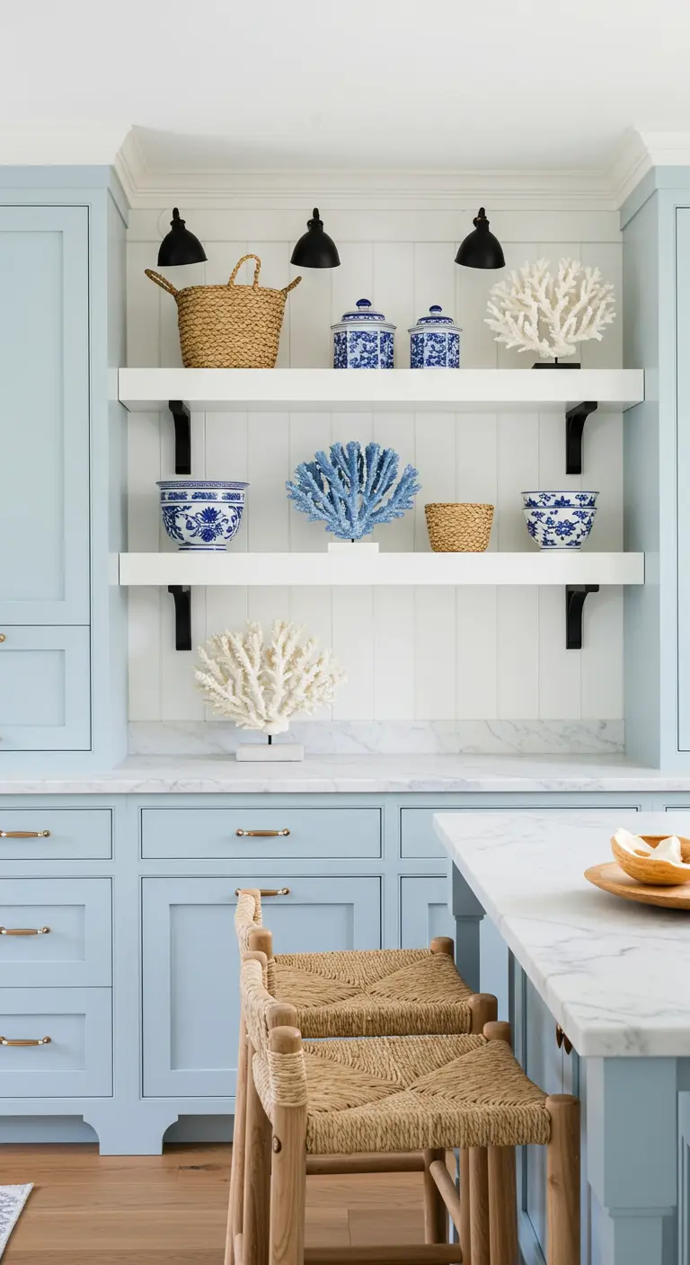 Cocina de estilo costero con gabinetes azul claro, estantes blancos y decoración marina.
