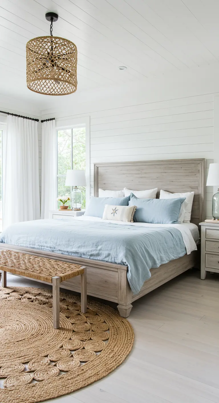 Dormitorio de estilo costero con paredes blancas, cama de madera lavada y textiles azules