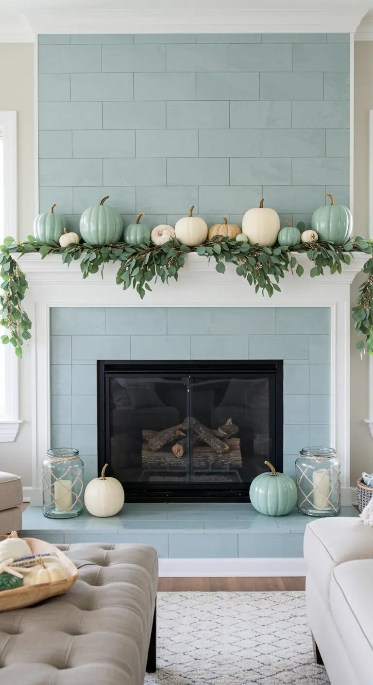 Chimenea de azulejos azul verdoso con calabazas blancas y verdes, eucalipto y grandes faroles de cristal.