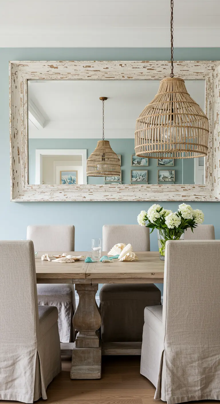 Comedor de estilo costero con un gran espejo de marco blanco decapado y lámpara de ratán