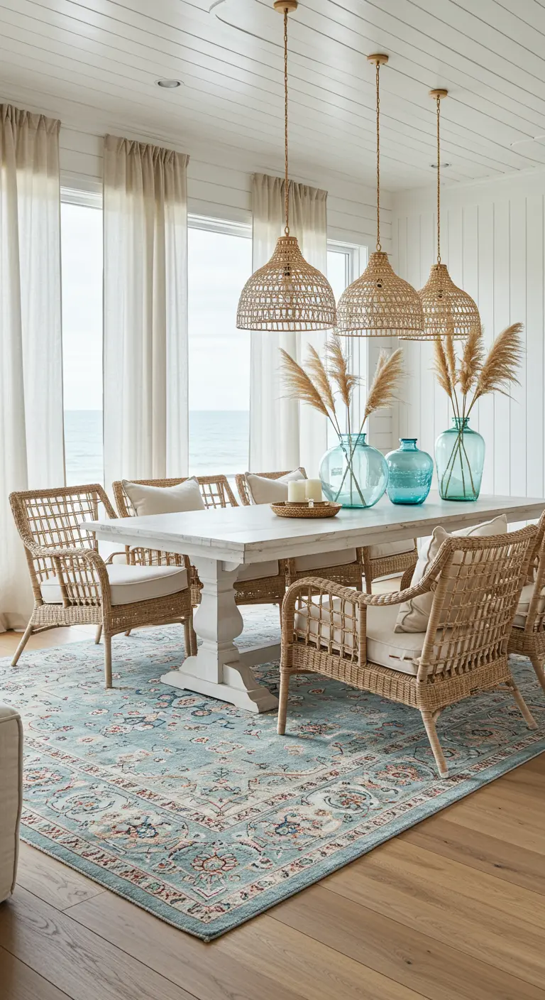 Comedor de estilo costero con mesa blanca, sillas de ratán y lámparas de mimbre colgantes