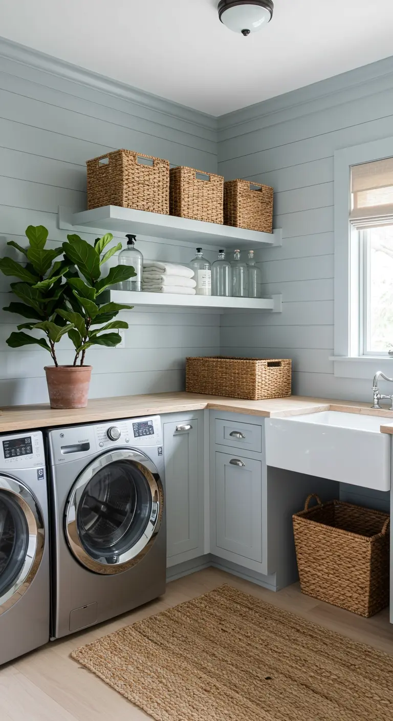 Lavandería rústica costera con paredes azules, cestas de mimbre y planta de higuera.