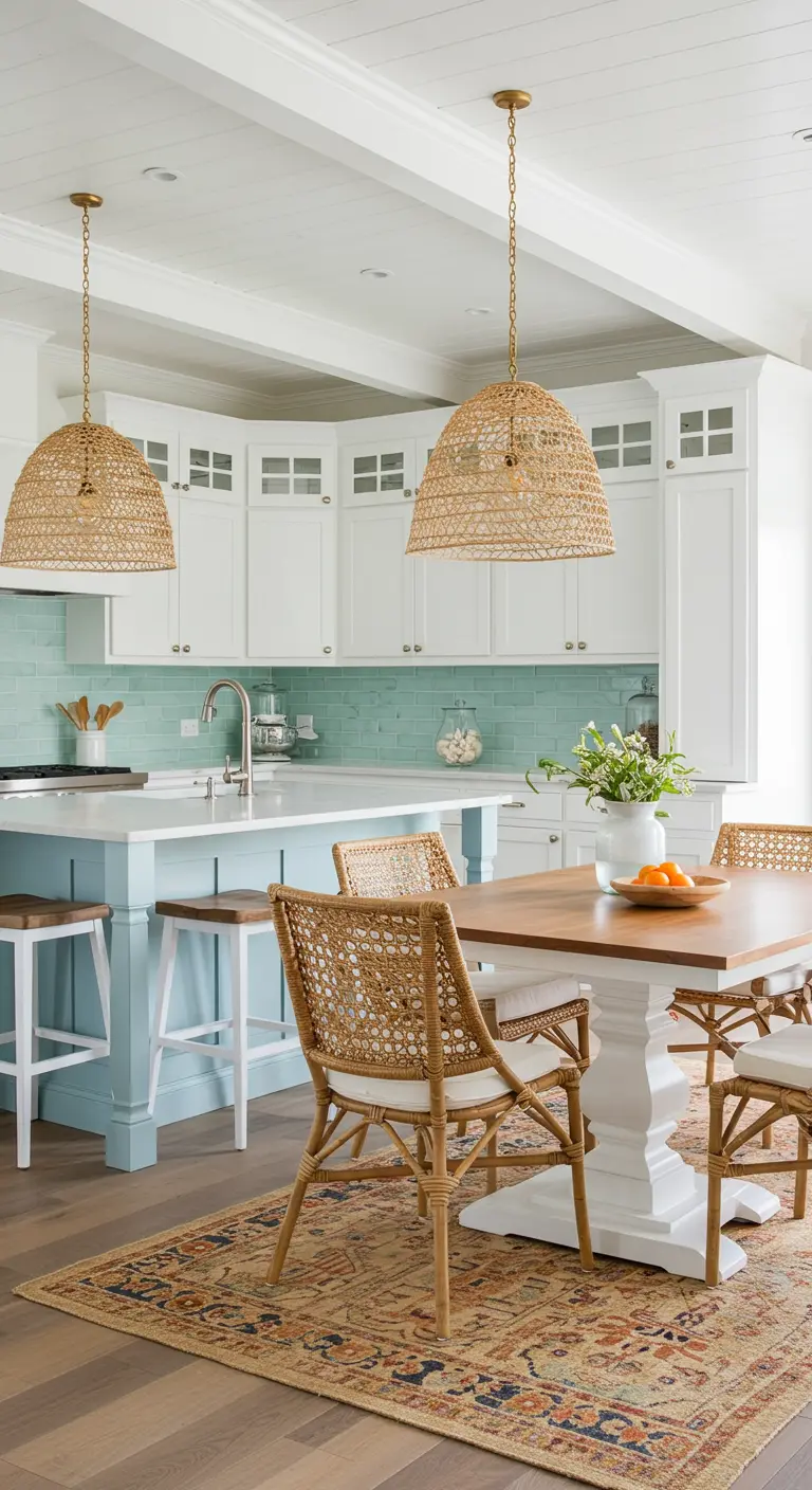 Cocina de estilo costero con isla azul, comedor con sillas de ratán y lámparas de mimbre.