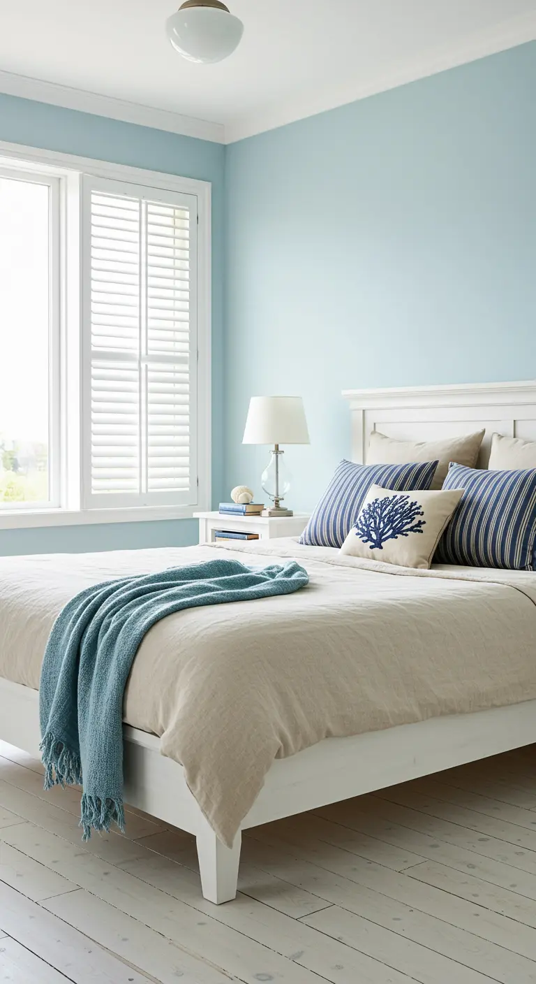 Dormitorio de estilo costero con cojines de rayas azules y una manta azul claro.