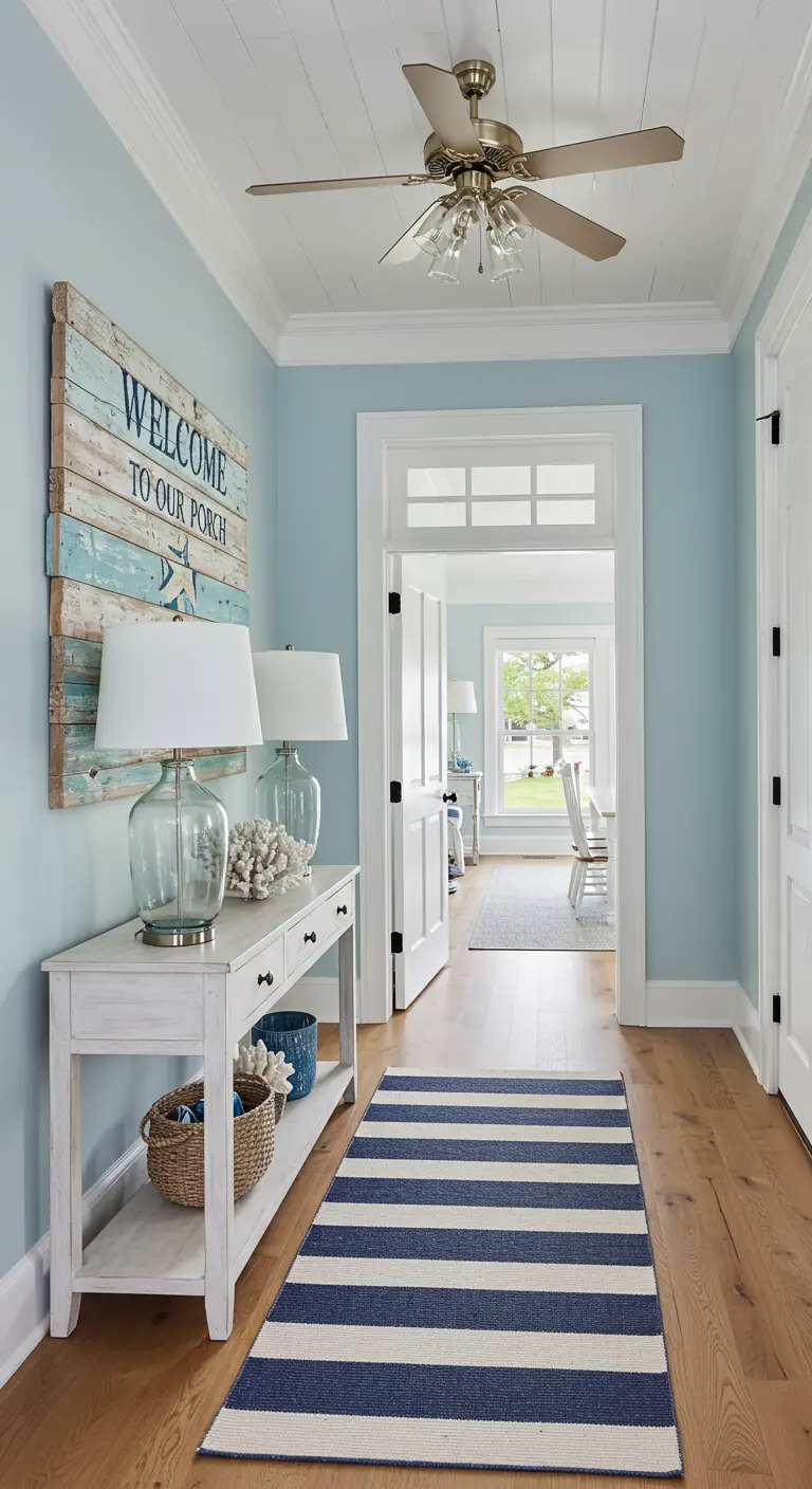 Entrada de estilo costero con un cartel de bienvenida hecho de madera reciclada y pintado de azul.