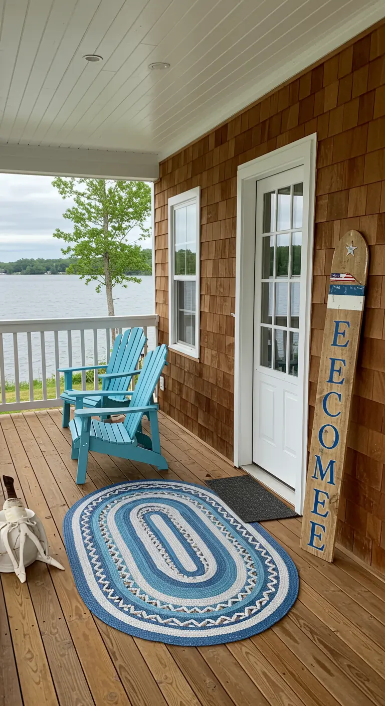 Porche con vistas a un lago, con sillas Adirondack azules y una alfombra trenzada ovalada.