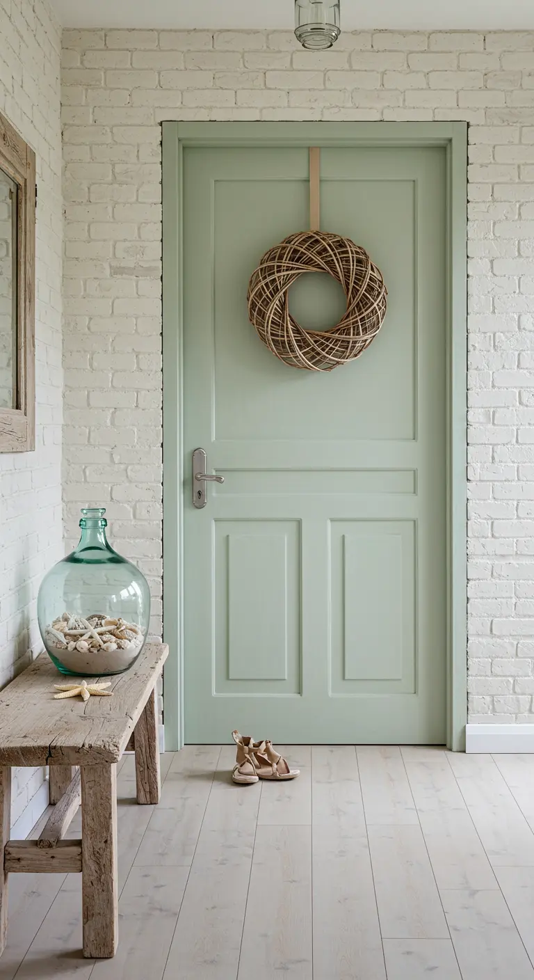 Puerta verde menta con corona de mimbre, banco de madera rústico y una damajuana con conchas