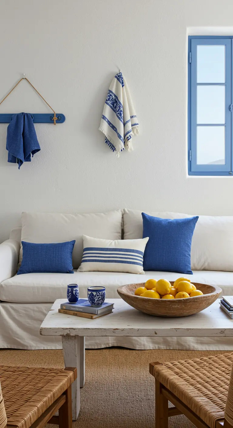 Sala de estar de estilo mediterráneo con paredes blancas, detalles en azul y un cuenco con limones.