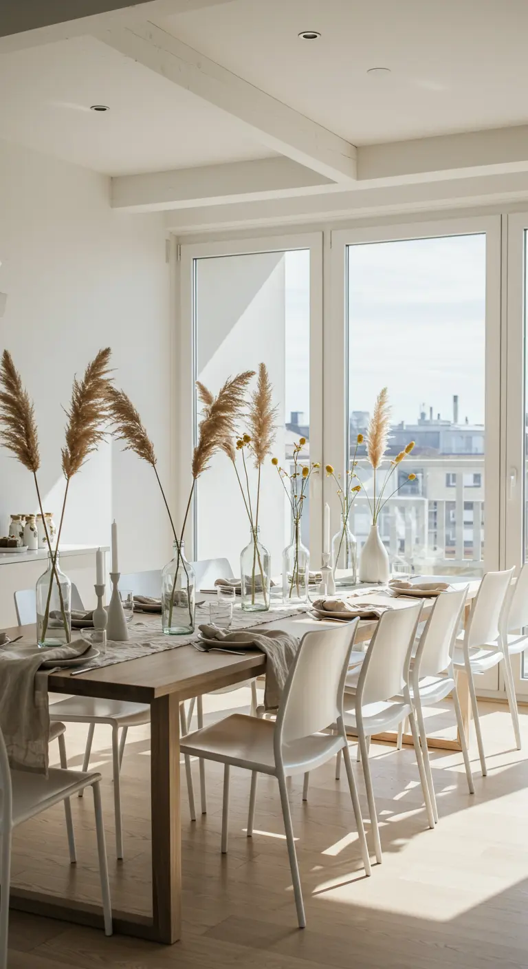Comedor moderno y luminoso con una mesa de madera y centros de mesa minimalistas con hierba de la pampa.