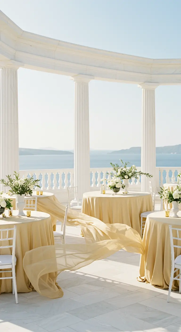Mesas de boda en un balcón de estilo griego con telas doradas que ondean al viento.
