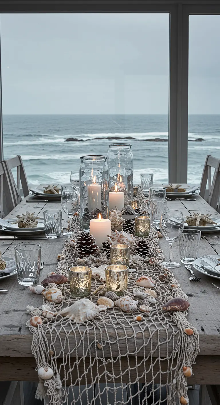 Mesa frente al mar decorada con una red de pesca, conchas, piñas y velas en farolillos.