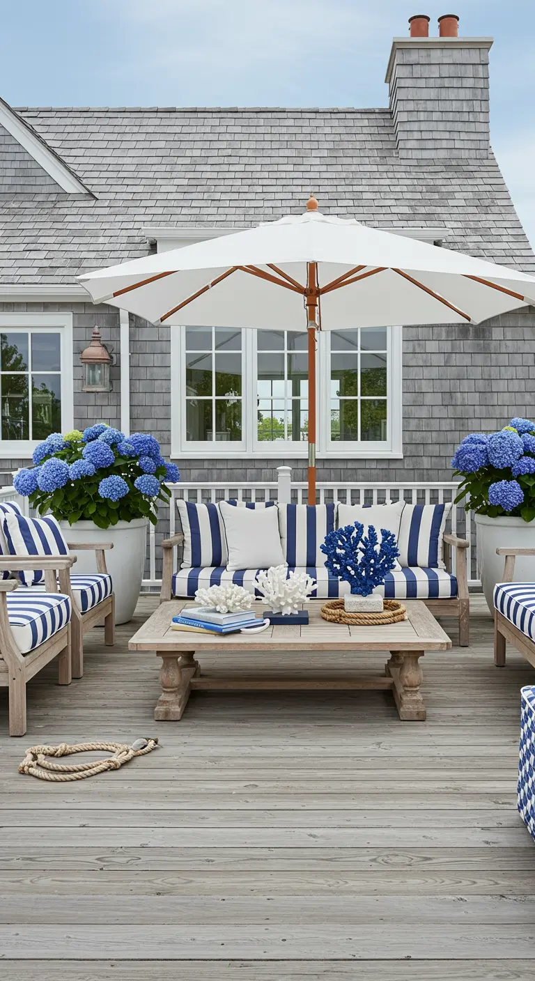 Terraza de estilo náutico con muebles de madera, cojines de rayas azules y blancas, y corales.