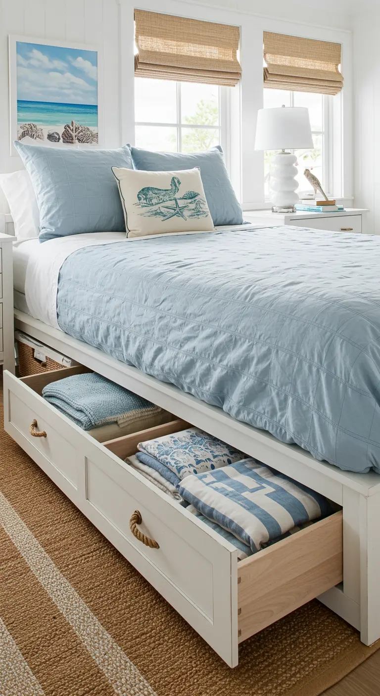 Cama blanca de estilo costero con cajones grandes para ropa de cama y tiradores de cuerda.