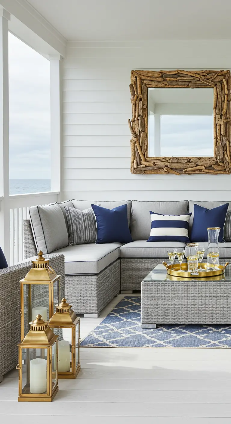 Porche costero con muebles de mimbre gris y un espejo cuadrado con marco de madera flotante.