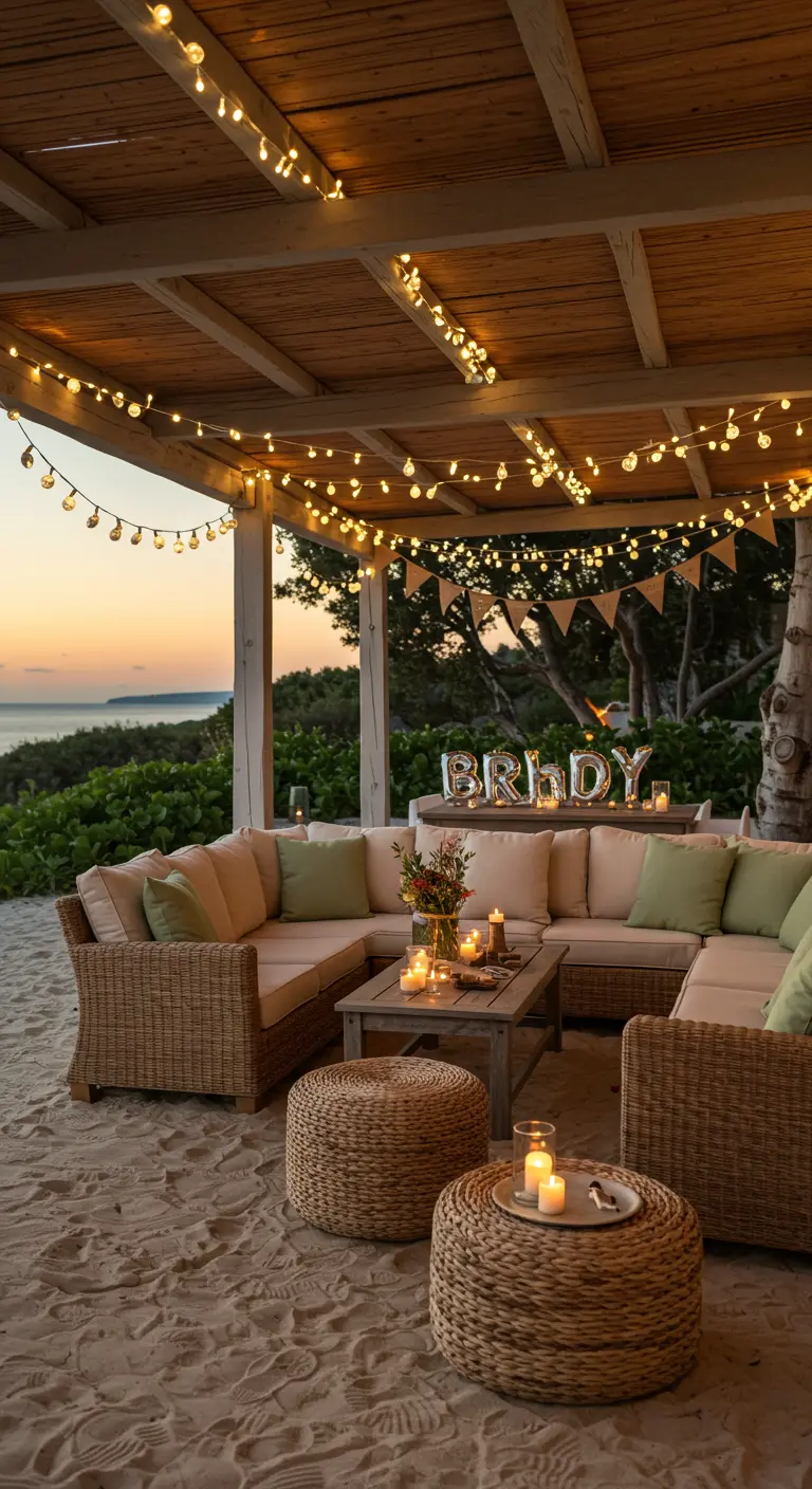 Porche playero con sofás cómodos y guirnaldas de luces cálidas al atardecer.