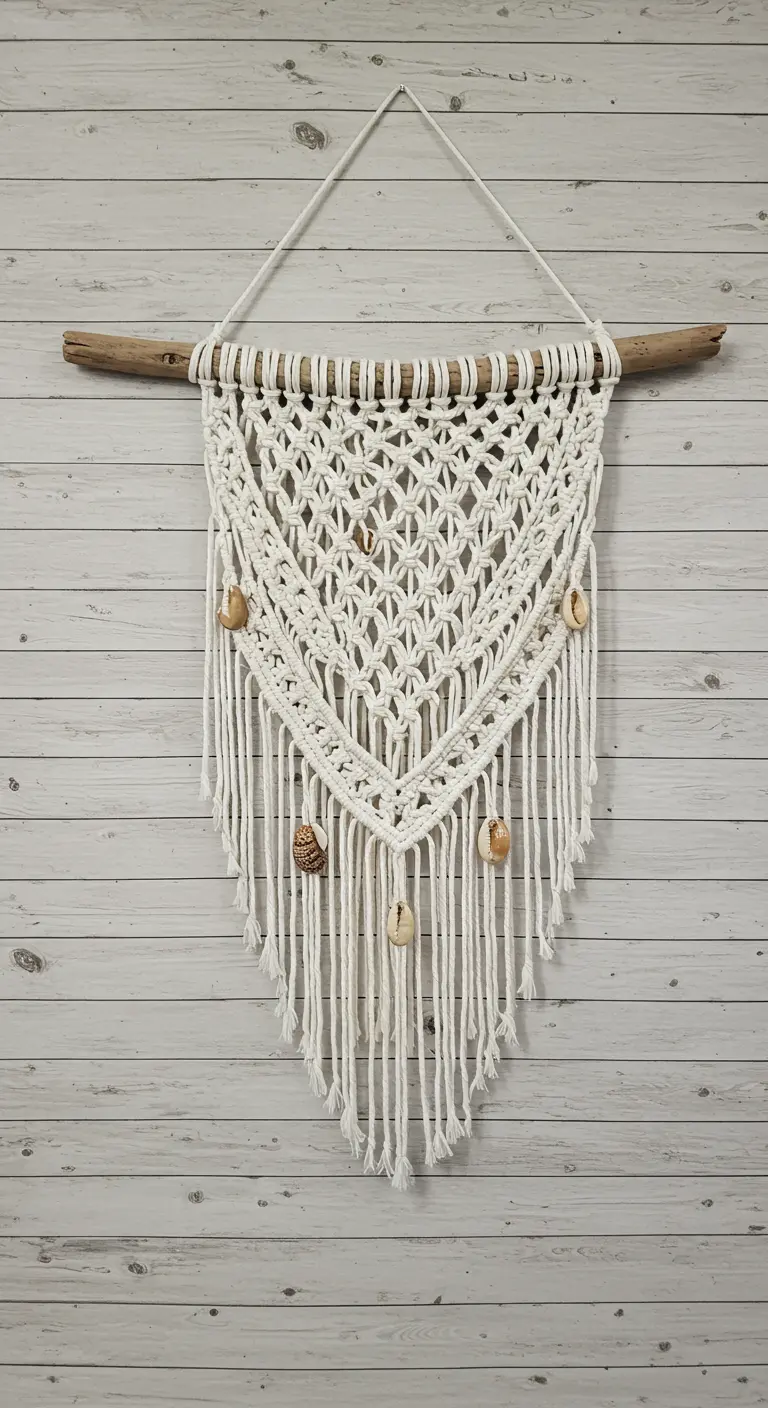 Tapiz de macramé blanco con conchas marinas incrustadas, colgado sobre una pared de madera clara.