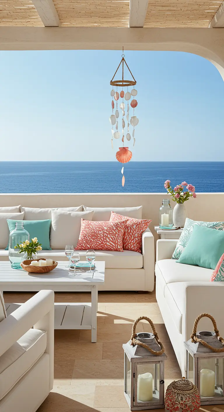 Terraza con vistas al mar, sofá blanco y cojines con estampado de coral.