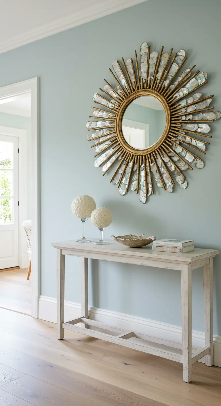 Entrada con pared azul pálido y un espejo de sol con incrustaciones de nácar.