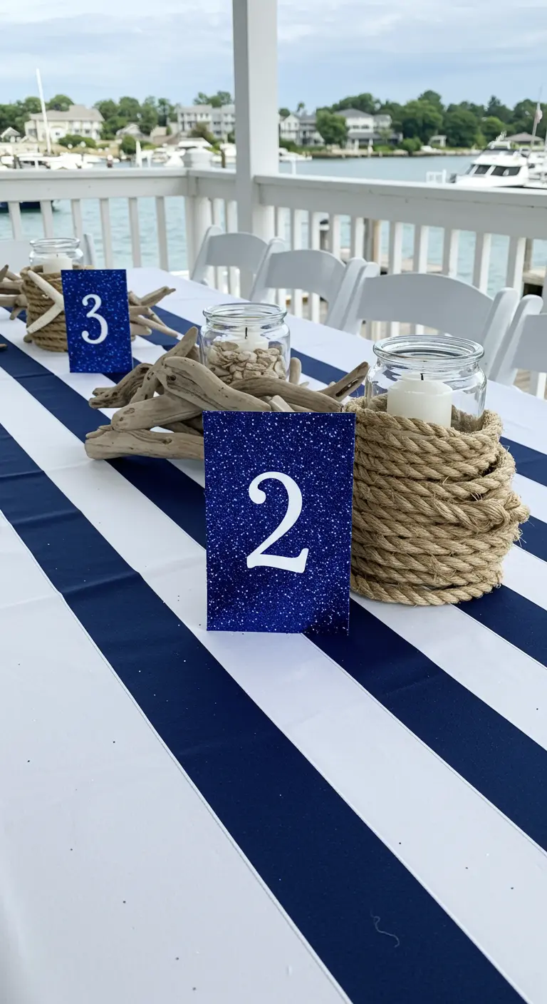 Número de mesa azul marino con glitter en una mesa con decoración náutica y mantel a rayas.