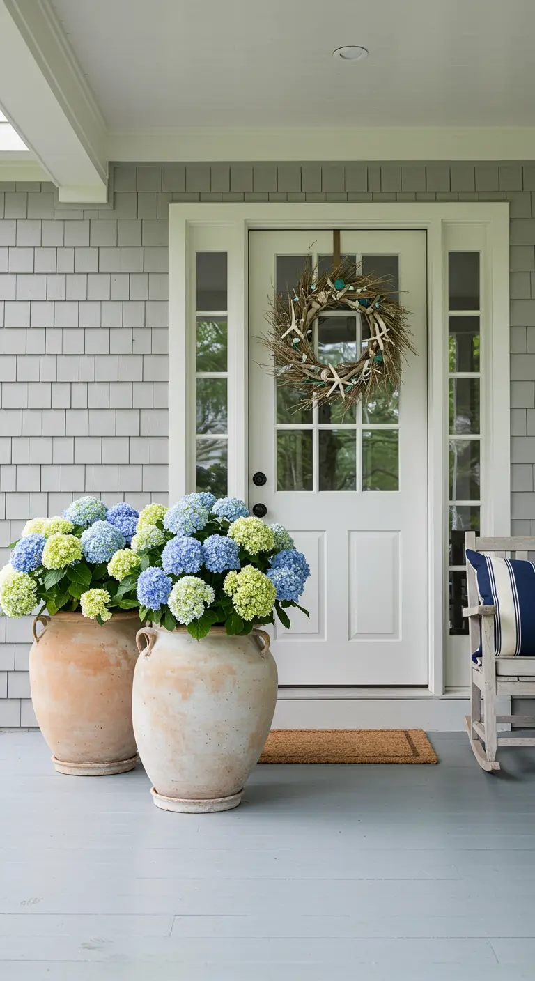 Porche de estilo costero con hortensias azules y blancas en grandes macetas de terracota y corona marina