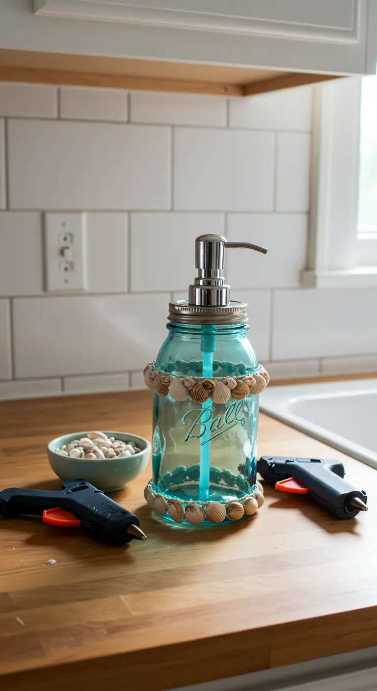 Frasco de vidrio azulado decorado con conchas marinas y convertido en dispensador de jabón.