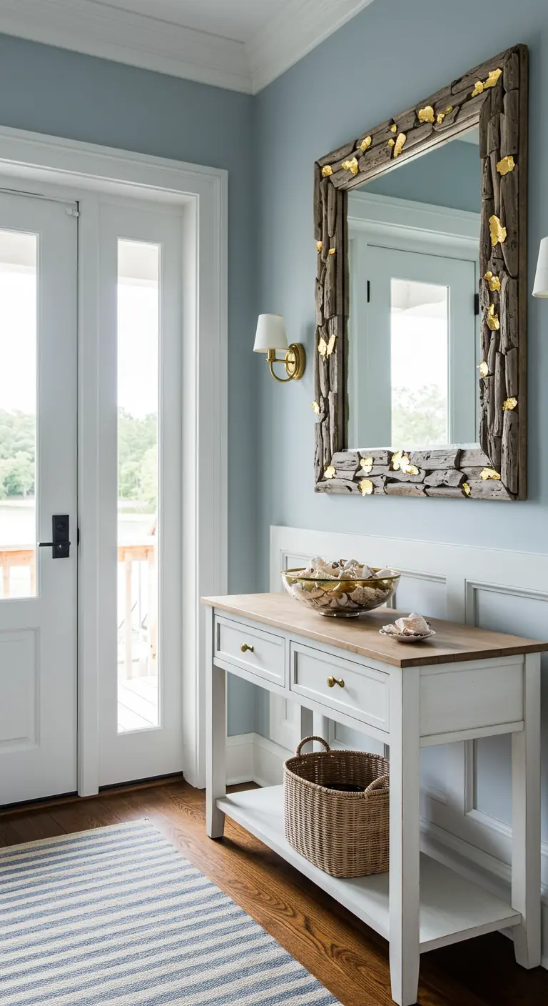 Recibidor en azul pálido con una consola blanca y un espejo con marco de madera de deriva y oro.