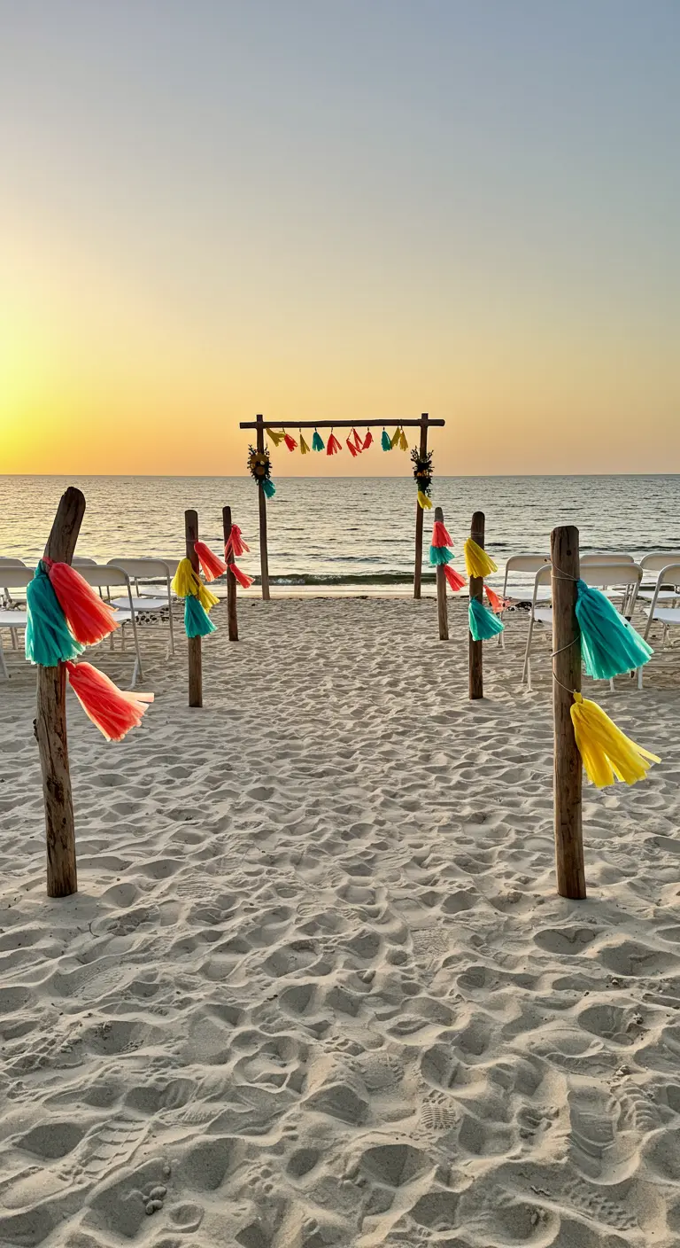 Altar de boda en la playa al atardecer, decorado con borlas de papel de colores vivos.