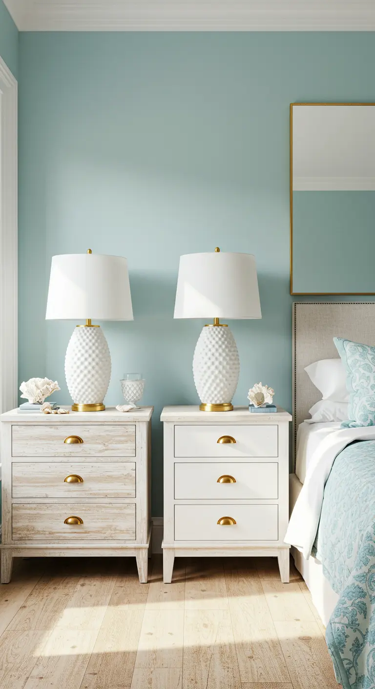 Dormitorio de estilo costero con paredes azul claro, muebles blancos y acentos dorados en lámparas.