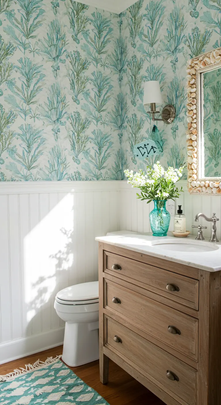 Baño costero con papel tapiz de algas marinas, zócalo blanco y espejo con marco de conchas.