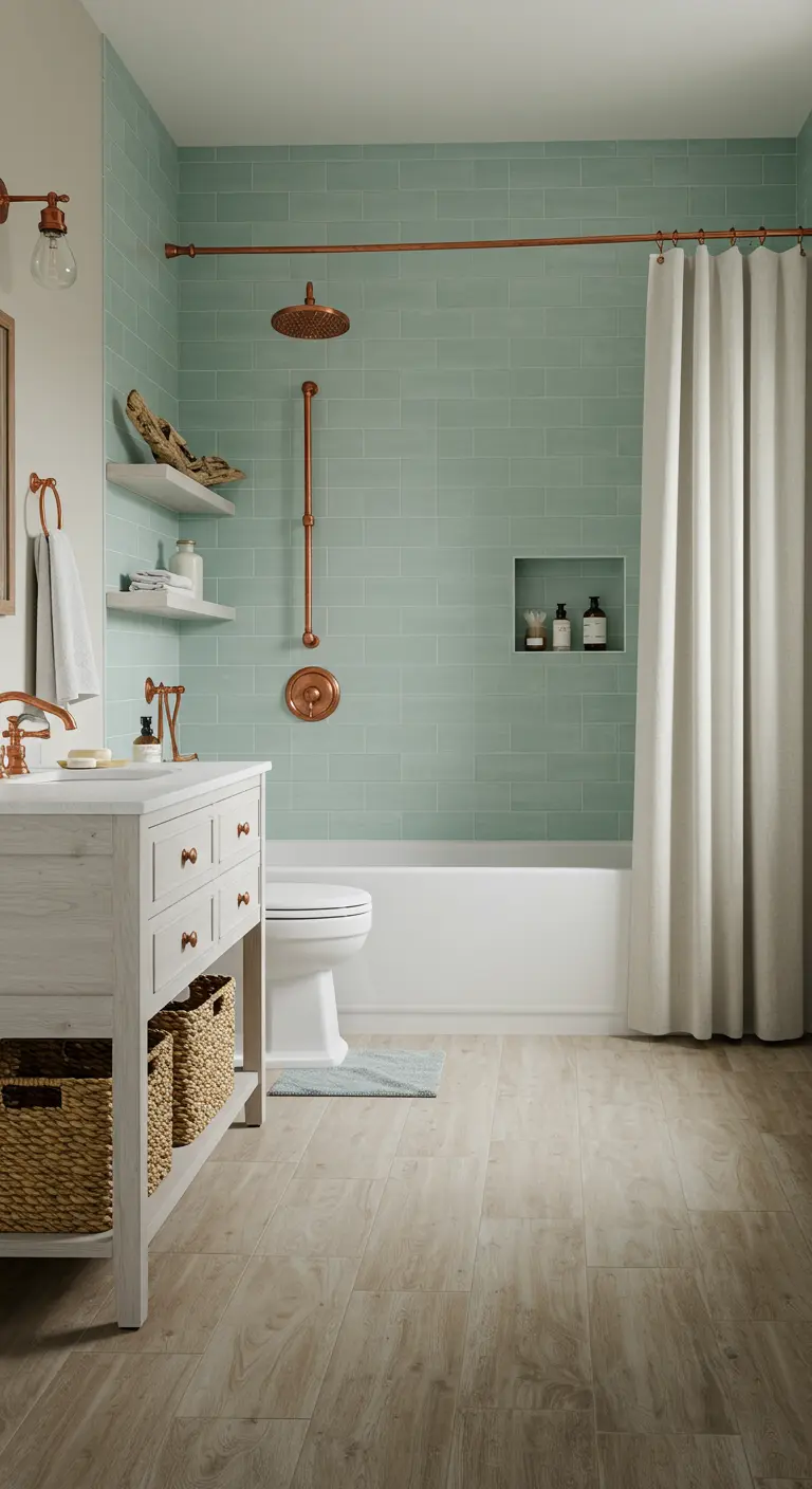 Baño con azulejos verde menta, grifería de cobre y cortina de ducha blanca.