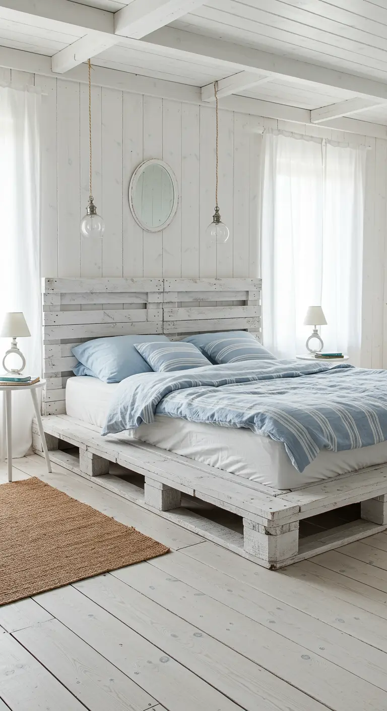 Dormitorio de estilo costero con base de cama y cabecero de palets pintados de blanco.
