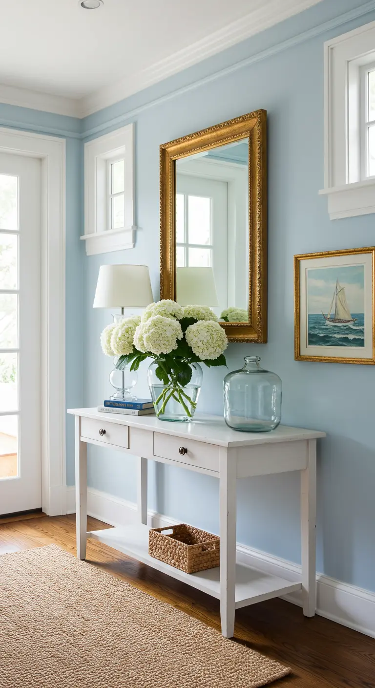 Recibidor de estilo costero con paredes azul claro, consola blanca y espejo dorado rectangular.