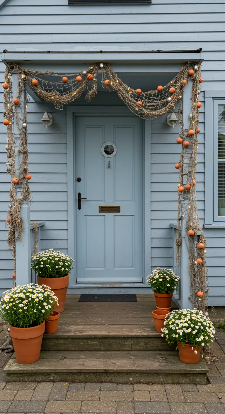 Puerta de entrada azul decorada con una red de pesca, luces y macetas de terracota con flores blancas.