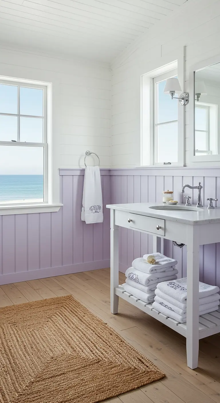 Baño de estilo costero con paredes de lamas blancas y un zócalo alto color lavanda