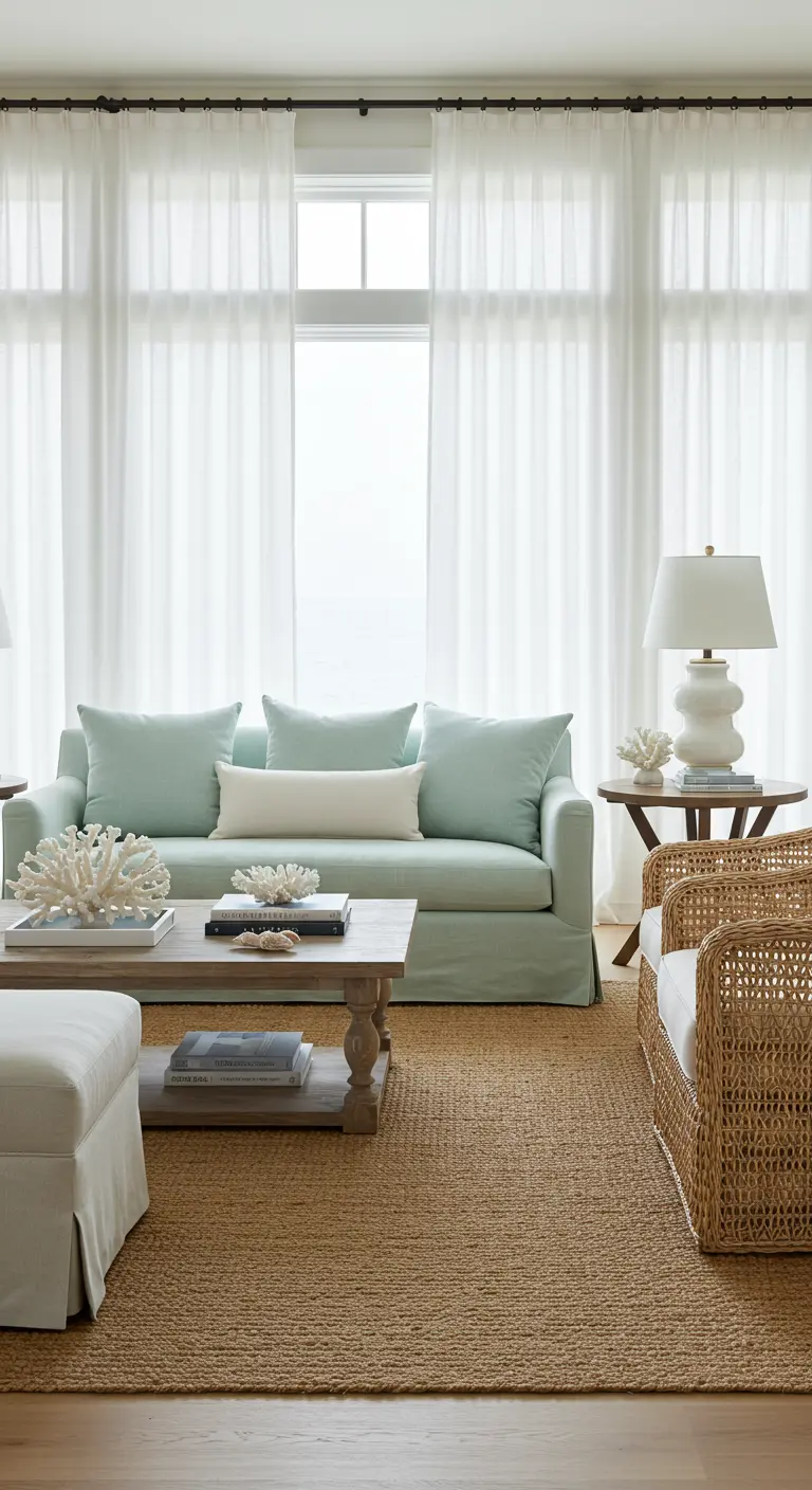 Sala de estar costera con sofá verde agua, alfombra de yute y sillones de mimbre.