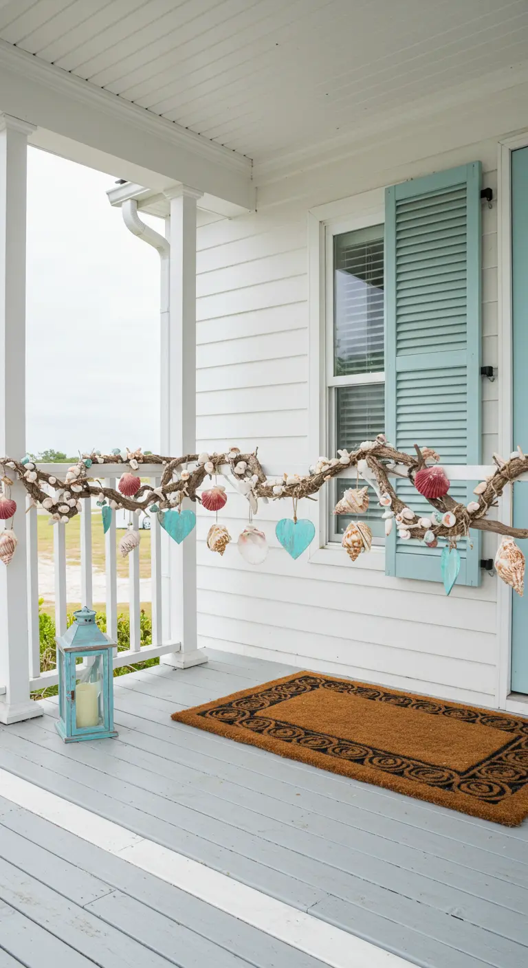 Guirnalda hecha con ramas de mar, conchas y corazones de madera turquesa en un porche blanco.
