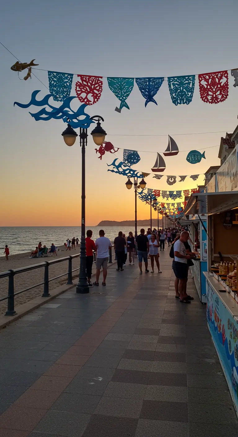 Paseo marítimo al atardecer con guirnaldas de papel calado con motivos marinos.