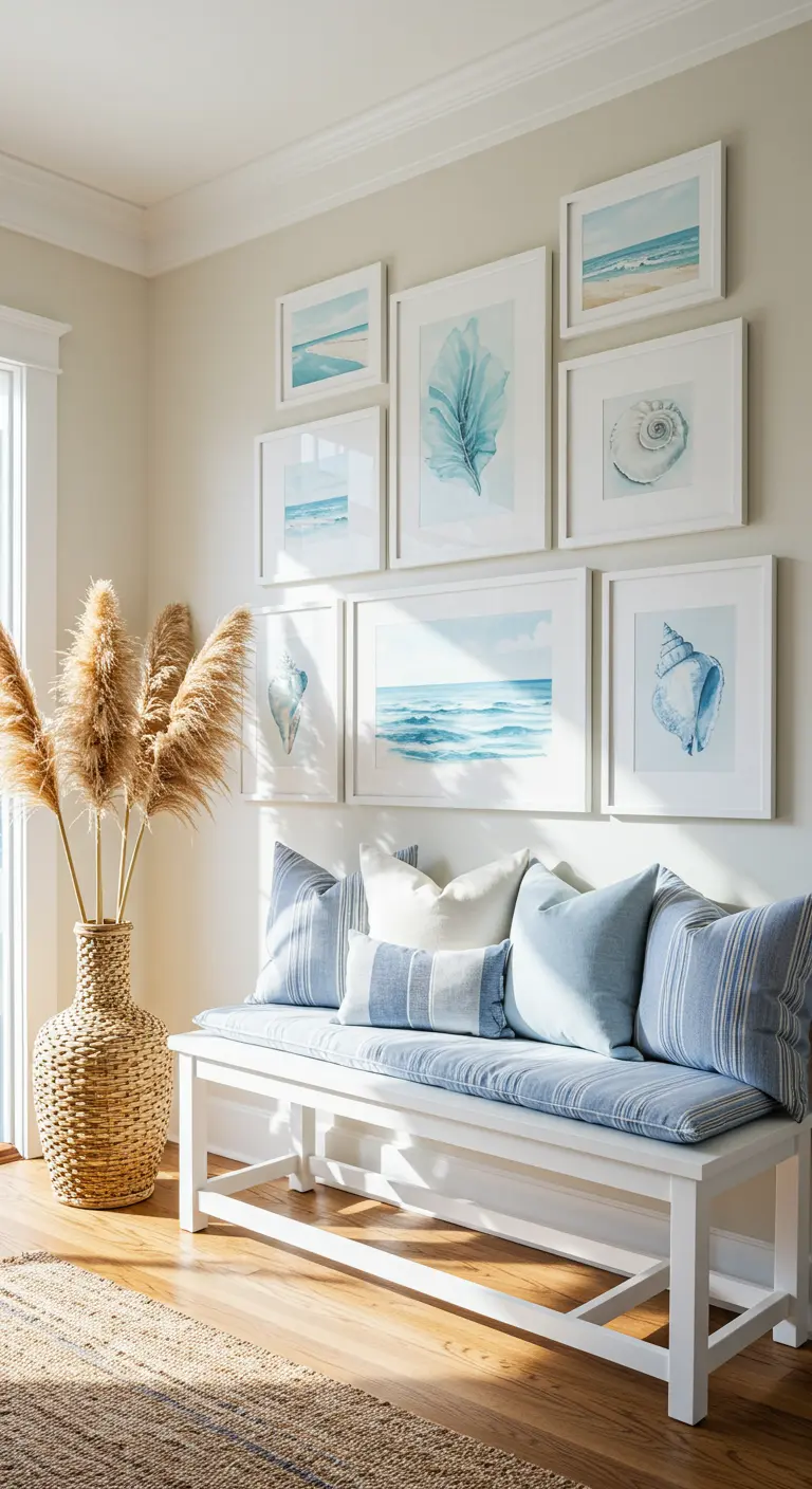 Rincón de estilo costero con banco blanco, cojines azules y cuadros de temática marina.